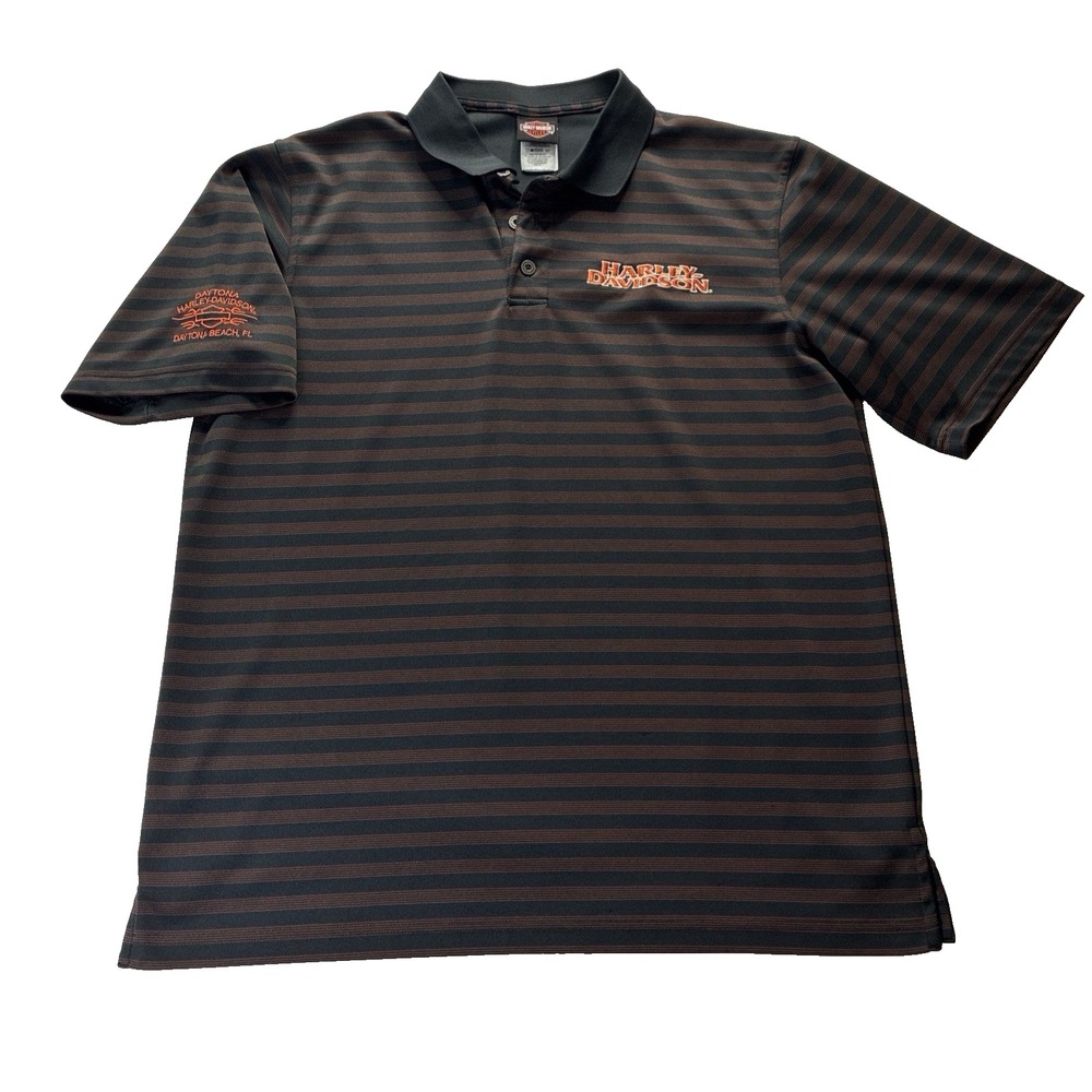 Harley-Davidson Mens XL Black Striped Polo Shirt Daytona Beach Logo Golf Rugby